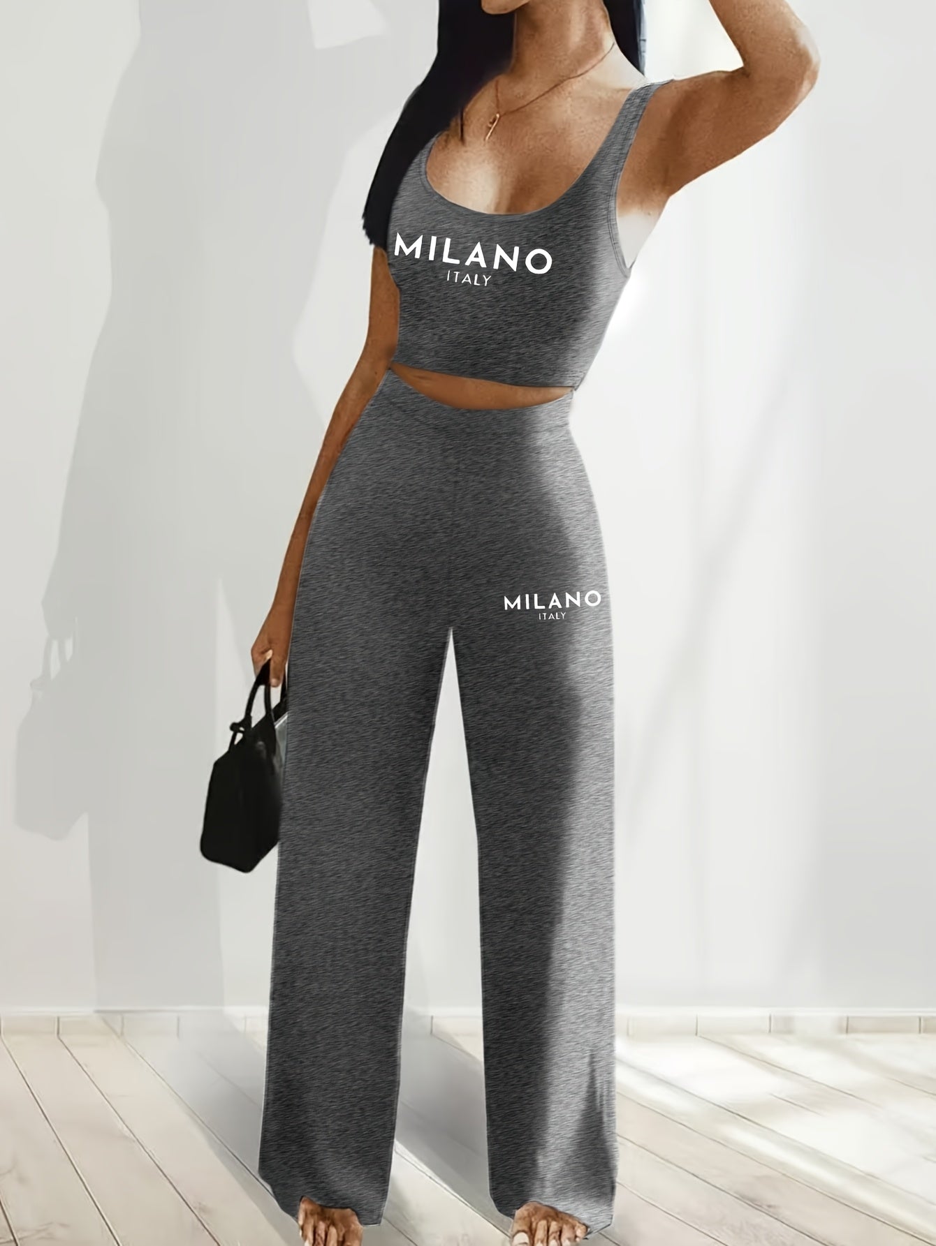 2pcs Halter Neck Crop Top & Drawstring Sweatpants Set, Women's Fashion Two Pieces Sports Set